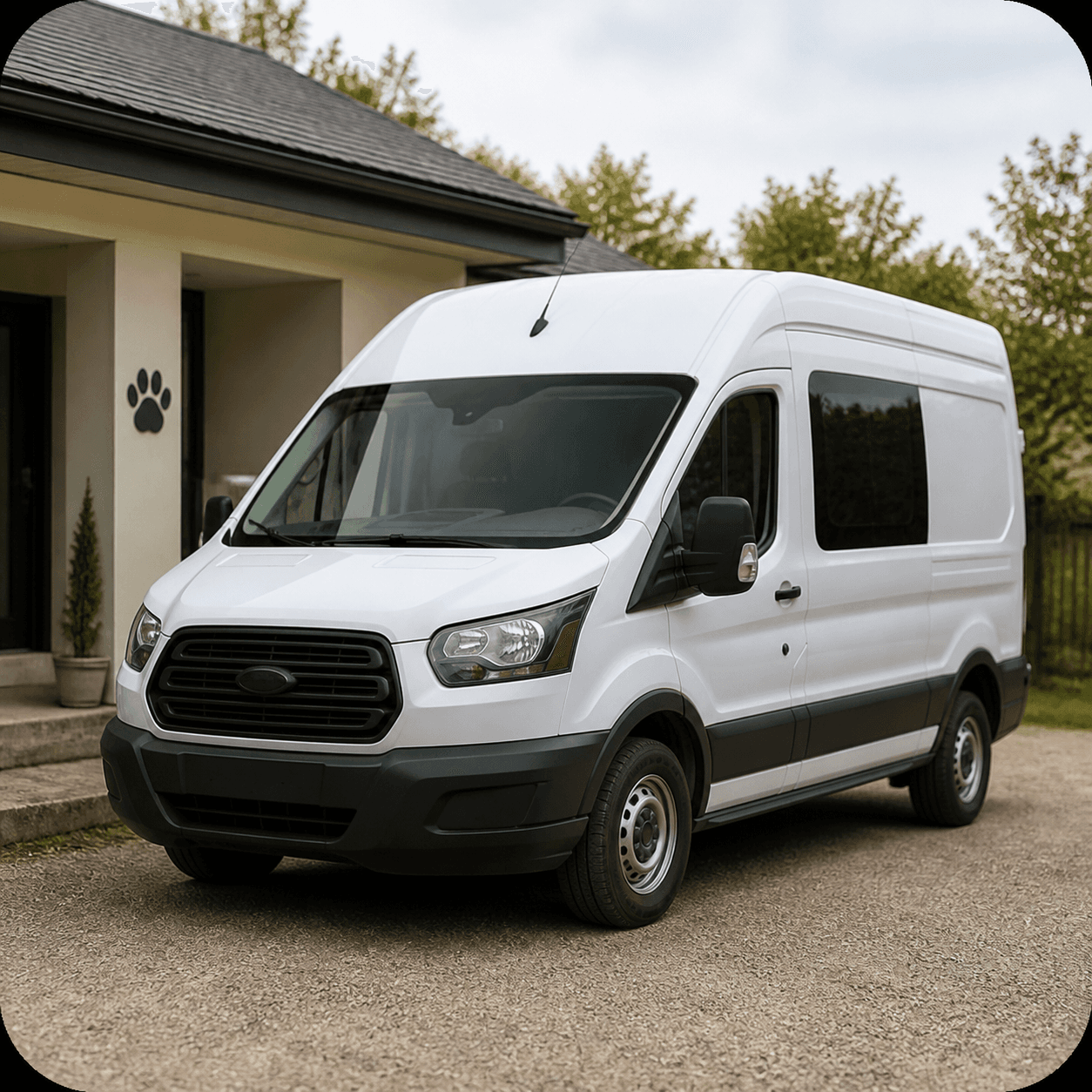 White rescue transport van parked outside a shelter