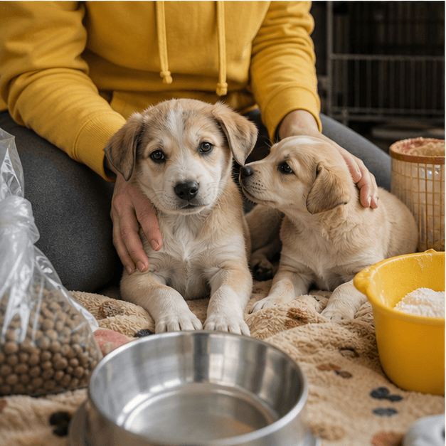 Generated foster volunteer caring for puppies with supplies