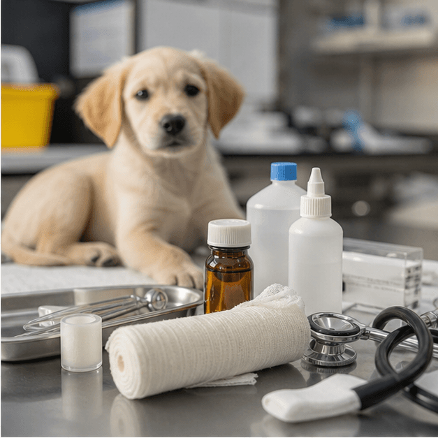 Generated veterinary clinic supplies with a puppy nearby