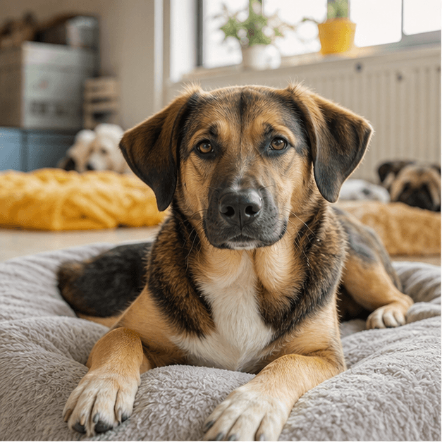 Generated rescue dog resting in a bright shelter room